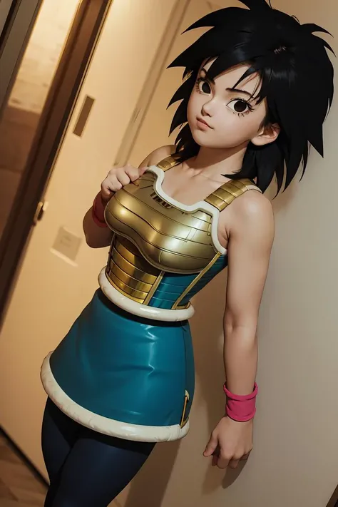 (masterpiece, best quality), 1girl,  <lora:DBS_Gine_v2:1> gine,1girl,solo,short hair,black hair,black eyes,spiked hair,messy hair,medium hair,bangs, bare shoulders,armor,bare arms,wristband,saiyan armor,skirt,pantyhose,breastplate,