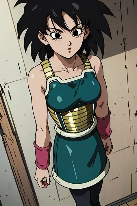 (masterpiece, best quality), 1girl,  <lora:DBS_Gine_v2:1> gine,1girl,solo,short hair,black hair,black eyes,spiked hair,messy hair,medium hair,bangs, bare shoulders,armor,bare arms,wristband,saiyan armor,skirt,pantyhose,breastplate,