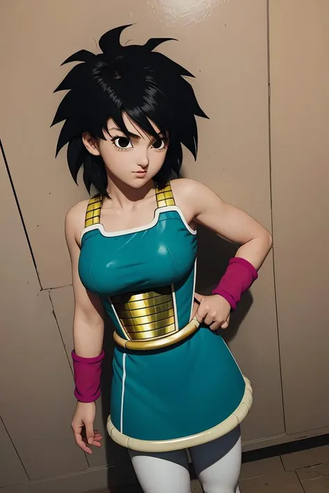 (masterpiece, best quality), 1girl,  <lora:DBS_Gine_v2:1> gine,1girl,solo,short hair,black hair,black eyes,spiked hair,messy hair,medium hair,bangs, bare shoulders,armor,bare arms,wristband,saiyan armor,skirt,pantyhose,breastplate,