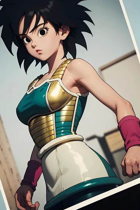 (masterpiece, best quality), 1girl,  <lora:DBS_Gine_v2:1> gine,1girl,solo,short hair,black hair,black eyes,spiked hair,messy hair,medium hair,bangs, bare shoulders,armor,bare arms,wristband,saiyan armor,skirt,pantyhose,breastplate,