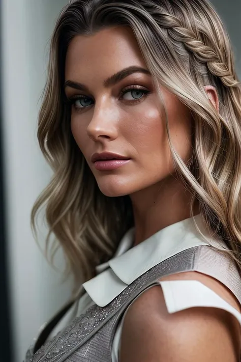 woman (Ryl33K1rk:.99), beautiful hair, (( Enchanting braided halo :1.2)), ((portrait)), (closeup:1.3), ((from the waist up)), ((( A modern, minimalist tailor's workshop, featuring sleek sewing machines and a clean, professional design ))), natural skin texture, (( Tailored vest and trousers :1.2)), 24mm, 4k textures, soft cinematic light, adobe lightroom, photolab, hdr, intricate, elegant, highly detailed, sharp focus, ((((cinematic look)))), soothing tones, insane details, intricate details, hyperdetailed, low contrast, soft cinematic light, exposure blend, hdr, faded, wow, ("I've got a bad feeling about this.":1.1)