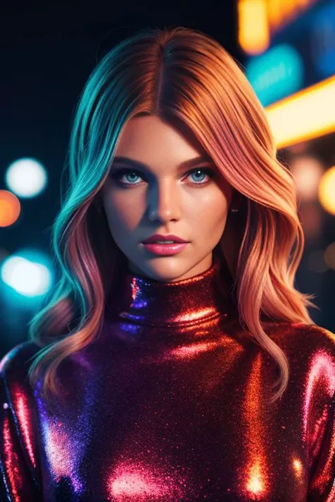 Portrait, cool looking popstar, at a neon light show at night, (EP_RyleeJK:0.99), closeup, wearing turtleneck glitter sweater, infinite reflections, intricate detail, dim lighting, detailed background, starlight, streetlights, detailed clothes, skinny, shiny glossy skin, subsurface scattering, glitter, Nikon D850 film stock photograph Kodak Portra 400 camera f1.6 lens, rich colors, lifelike texture, dramatic lighting, unreal engine, trending on ArtStation, cinestill 800 tungsten, modest clothing, SFW
