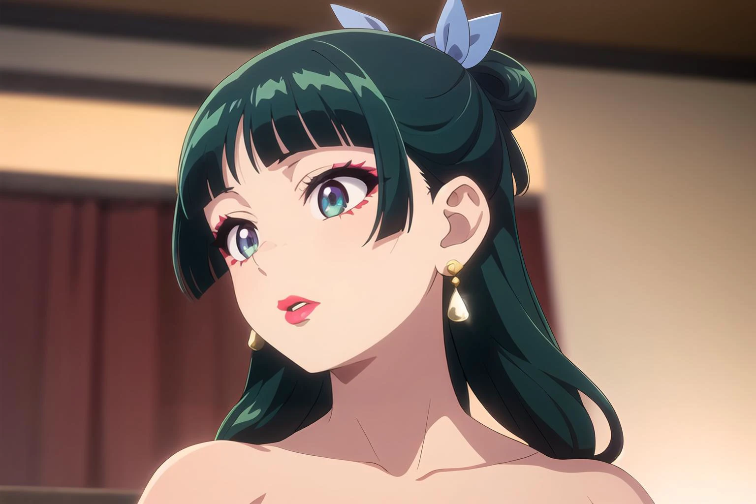 Maomao, yo, anime girl with green hair and green eyes looking at camera, 1girl, solo, long hair, black hair, jewelry, collarbone, earrings, lips, makeup, lipstick, sunbeam, blurry background, flower, View from below<lora:The_Apothecary_Diaries_-_Maomao_Xiao_Mao:0.8>