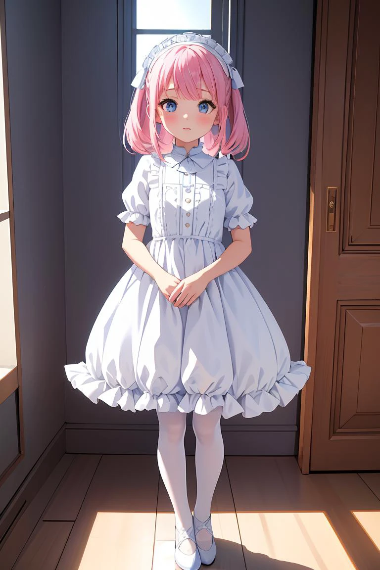 (masterpiece, best quality), 1girl, blue and white frill dress, (white stockings), pink hair, cute face, standing, indoor, intricate detail, sunlight,