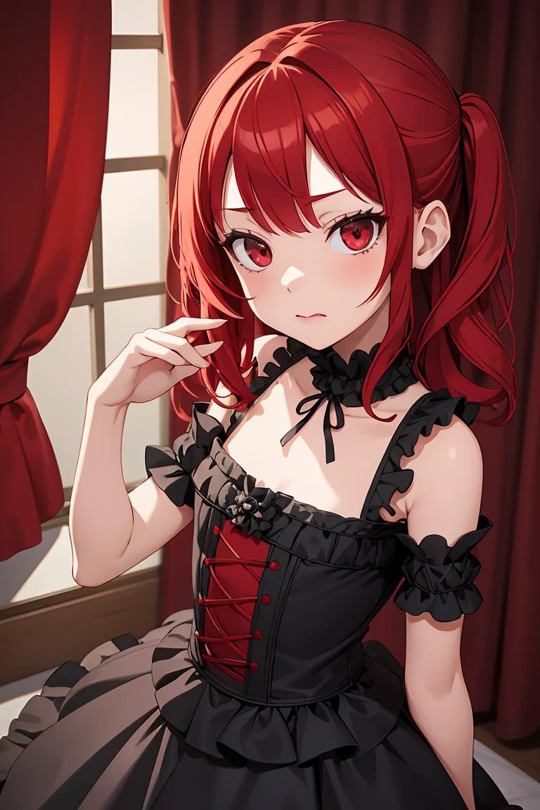 (masterpiece, best quality), 1girl, red hair, medium chest, gothic frill dress, pervert face,