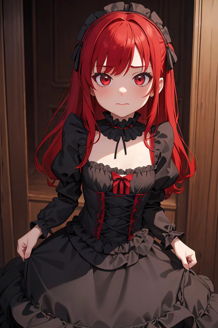 (masterpiece, best quality), 1girl, red hair, medium chest, gothic frill dress, pervert face,