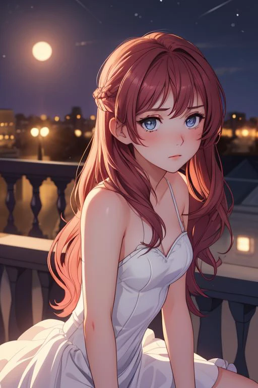 Close-up of a delicate, feminine 18 year old scottish girl, fancy long hair, light eyes, tiny breasts, tight fancy prom dress, sad expression, timid pose on a balcony, at night, moonlight <lora:AdvancedEnhancer:2.5>
