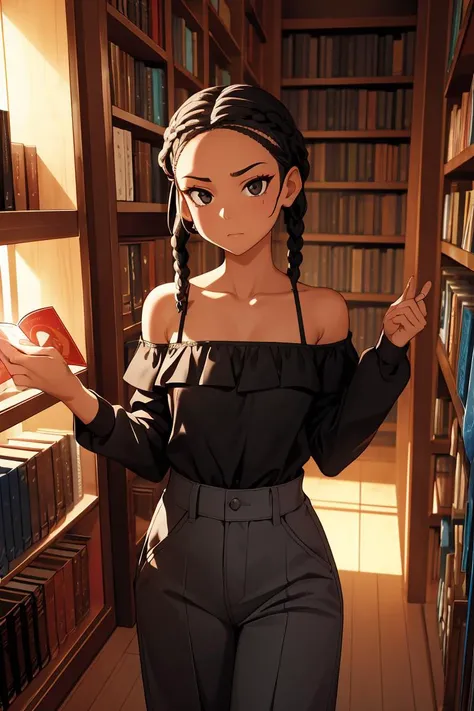 (masterpiece, best quality),female ageless, sinewy, sub-saharan african, black eyes, folded ears, pointed chin, u-shaped jaw, low cheekbones, heart face shape, , caramel box braids hair, awe wearing high-waisted culottes, low-cut blouse, , shoulder peek, off-shoulder attire, revealing a hint of skin, adding an alluring touch, dramatic lighting, high contrasts and bold shadows to intensify emotions and create a passionate ambiance, a lively bookstore, with cozy reading nooks and book lovers browsing the shelves