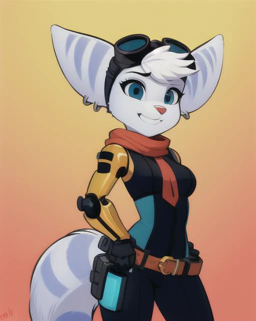 <lora:rivet-v0C:1> rivet, lombax, anthro, female, goggles, goggles on head, fur, cybernetic arm, breasts, smile
