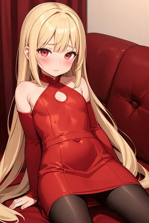 (masterpiece, best quality), 1girl, blonde hair, red dress, pantyhose, cute face, blush,