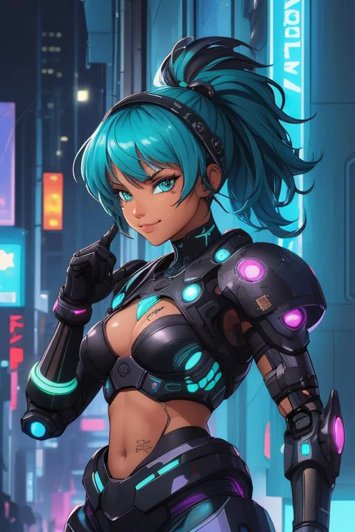 Close-up of a badass cyberpunk black girl, teal afropuffs, tattoos, beat up cyber armor, small breasts, robotic arm, confident smirk, sassy pose on a crowded cyberpunk street at night, neon lights