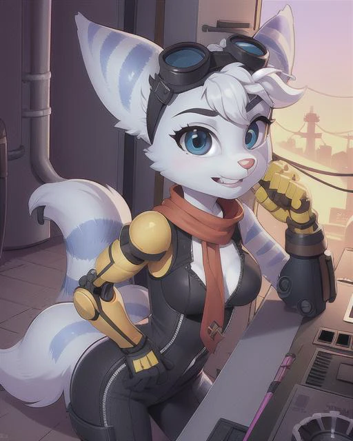<lora:rivet-v0C:1> rivet, lombax, anthro, female, goggles, goggles on head, fur, cybernetic arm, breasts, smile