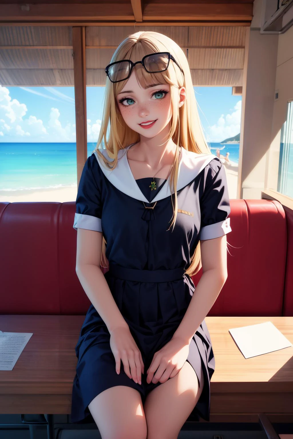 sexy, (detailed eyes), (detailed face), beautiful lady, (pov sitting across table:1.1), looking at viewer, sexy verdant dress, skin tight red, dress, blush, (naughty) (naughty smile:0.9), emerald eyes, blonde hair, (smiling:0.9)
(mystical tattoo:0.9), (neck tattoo), ((narrow waist)), skinny, thin, (fit body:1.1), (perfect proportions:0.8), (perfect anatomy:0.8), red lipstick,
(cowboy shot:1.1),
(shiny skin)
<lora:kanamori:0.8> kanamori, 1girl, freckles, solo, eyewear on head, looking at viewer, serafuku,, sanpaku, school uniform
BREAK,
good hands, detailed hands, anatomical hands,
(beautiful composition:1.1), masterpiece, fantasy, sexy, petite, soft glow, polished, clean image, <lora:epi_noiseoffset2:1> gorgeous, stunning, triadic colors, high contrast, Vivid color, dark,
<lora:CONCEPT_pov_dating_ownwaifu:1> (concept_pov_dating_ownwaifu:1.1), www.ownwaifu.com, 1girl, solo, looking at viewer, breasts, sitting at table <lora:more_details:0.2>, perfect teeth, overlooking beautiful tropical island beach view, (volumetric lighting), (dynamic lighiting), godrays, Rembrandt lighting, real shadows, intricate detail, photorealistic, photograph, photo, dlsr, Fuji Film, extremely high detail, detailed skin texture, (blush:0.2), (goosebumps:0.3), subsurface scattering