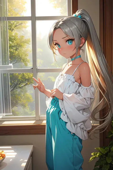 (masterpiece, best quality),female senior, buoyant, berber, turquoise eyes, unique ears, u-shaped jaw, flat forehead, defined jawline, cheekbones, silver blonde high ponytail hair, grief wearing culotte pants, doll set, mules, , gazing through window blinds, gazing through window blinds with a captivating look, evoking mystery and sensuality, enchanting forest lighting, a combination of moonlight and dappled light, adding a fairy-tale-like charm, a lively neighborhood block party, with music, food, and a sense of community