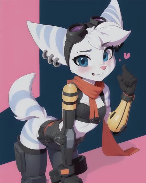<lora:rivet-v0C:1> rivet, lombax, anthro, female, goggles, goggles on head, fur, cybernetic arm, breasts, smile, earrings, blushing, tomboy, small breasts, cute, sexy