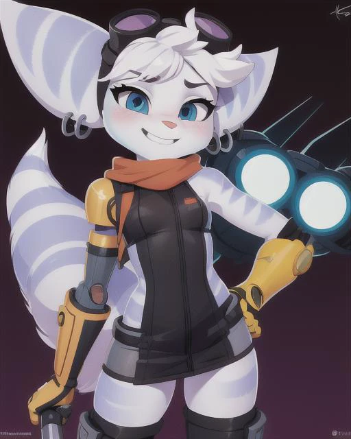 <lora:rivet-v0C:1> rivet, lombax, anthro, female, goggles, goggles on head, fur, cybernetic arm, breasts, smile, earrings, blushing, tomboy, small breasts, cute, sexy