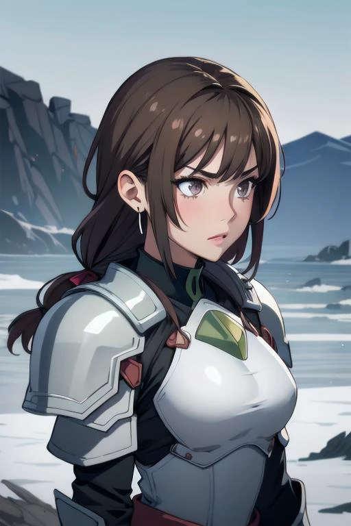 [Maximilian Armor, Luminary, Short, Fit, Heart-Shaped Face, Olive Skin, Light Brown Hair, jade Eyes, Straight Nose, Pouty Lips, Receding Chin, Shoulder-Length Hair, Thick Hair, Fishbone Braid, augmented breasts, Cuff earrings, pink sheer lipstick, A desolate wasteland with a barren and frozen land]