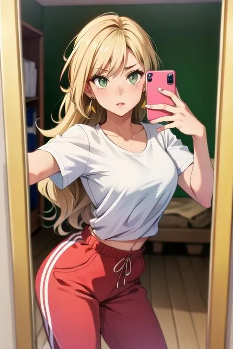 [dreamy, Kinetic Art, Soft oversized t-shirt, sweatpants, Artist, Tall, Athletic, Triangular Face, Olive Skin, Honey Blonde Hair, Amber Eyes, Long Nose, Thin Lips, Receding Chin, Long Hair, Wavy Hair, Straight Bob with Layers, firm breasts, Huggie earrings, hot pink velvet lipstick, Showcasing outfit with a mirror selfie]