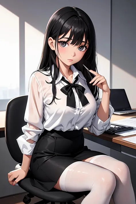 (masterpiece, best quality), a young black haired girl office secretary dressed in a transparent white blouse and black office skirt and black pantyhose ,sitting in an office chair, holding pencil, (detailed skin:1.3),(detailed eyes), (sharp focus),