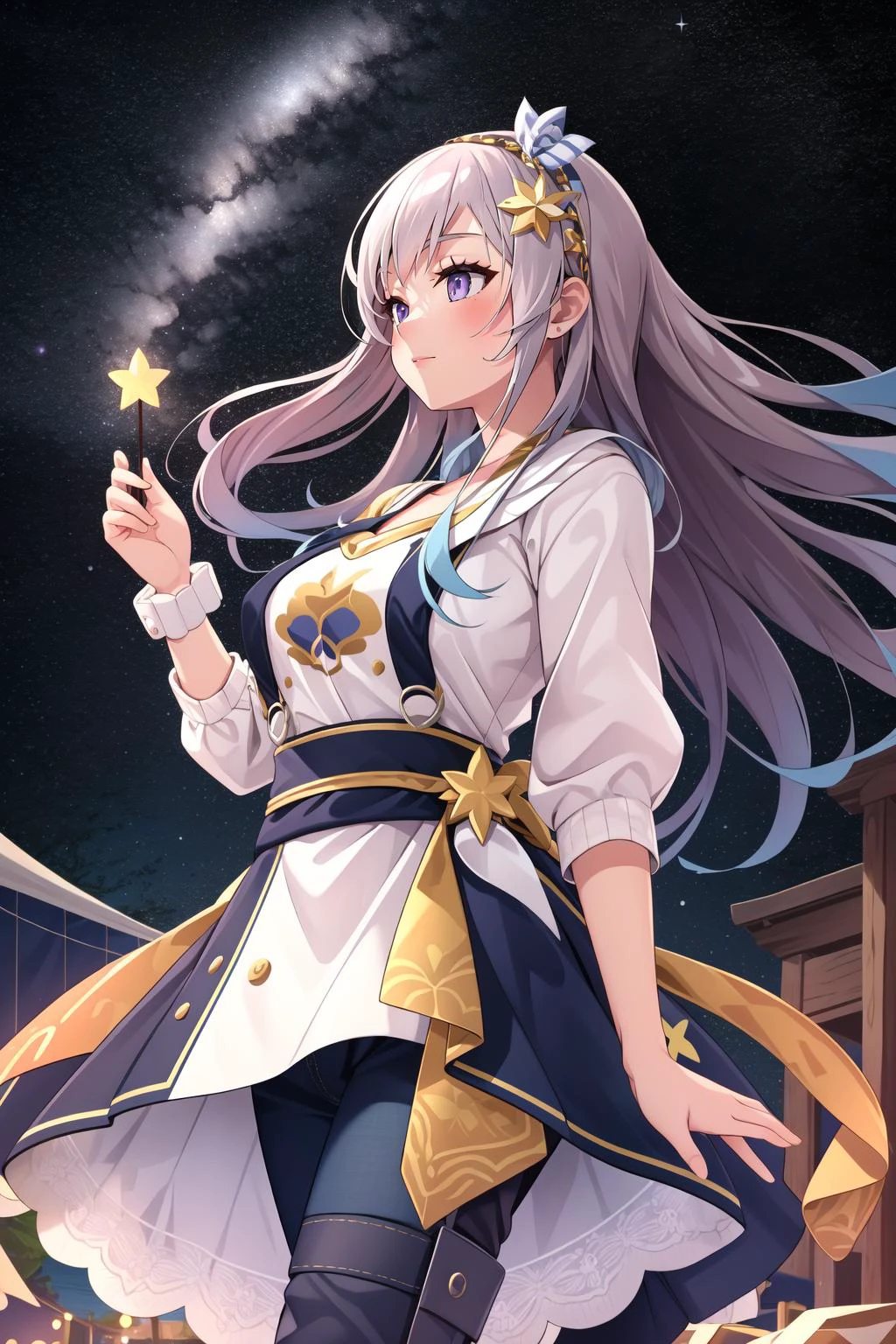 (masterpiece, best quality), intricate details,
1girl, <lora:AiraniLora-10:0.8> Airani, Airani Attire
outdoors, village, festival, night, starry sky,