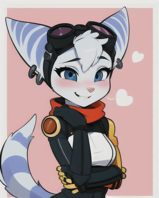 <lora:rivet-v0C:1> rivet, lombax, anthro, female, goggles, goggles on head, fur, cybernetic arm, breasts, smile, earrings, blushing, tomboy,