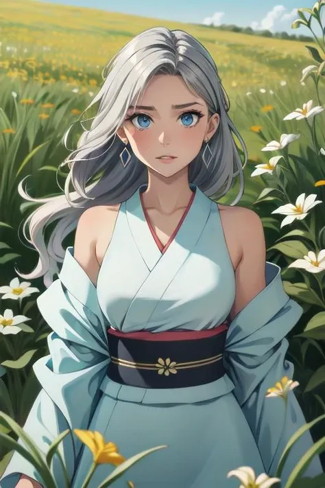 [luminous, Contemporary Art, Closed silk kimono, Charmer, Average Height, Thin, Diamond-Shaped Face, Olive Skin, Silver Hair, blue Eyes, [[Curved Nose]], Thick Lips, Sharp Chin, Shoulder-Length Hair, Thick Hair, Four-Strand Braid, firm breasts, Clip-on earrings, beige matte lipstick, Twirling in a flowy dress among wildflowers]