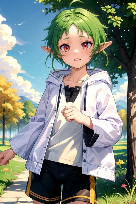 masterpiece, best quality, <lora:sylphiette:1>,sylc,1girl,green hair,hood down, short hair,ahoge, pointy ears,red eyes,open jacket,long sleeves,shirt, black shorts, cameltoe, outdoors background,, BREAK (masterpiece:1.2), best quality, high resolution, unity 8k wallpaper, (illustration:0.8), extremely detailed face, perfect lighting, extremely detailed CG, (perfect hands, perfect anatomy), (masterpiece, best_quality, ultra-detailed, immaculate:1.3), epic, illustration, render, <lora:GoodHands-vanilla:1.2>, <lora:colorize:1>,, ,<lora:background_detail_enhanced_simplified:0.8> <lora:colorify:0.9> <lora:hairdetailer:0.7> <lora:epi_noiseoffset2:0.8>,