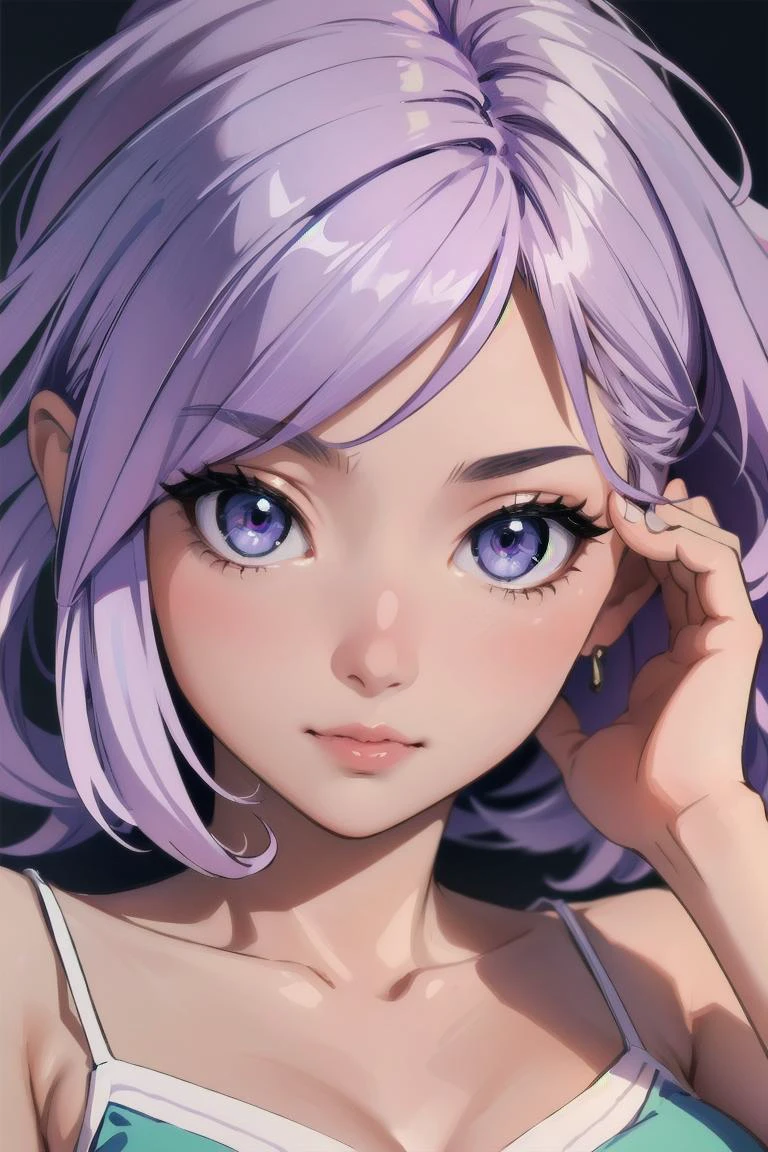 masterpiece, best quality, 1girl , beautiful girl, solo, sexy body, (cute:1.3), (([Lilac hair], [faux hawk], [camisole])), realistic, (cute), (detailed face), detailed eyes, detailed iris, cameltoe,,