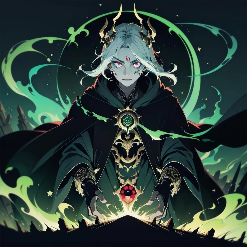 (masterpiece, best quality),
human male necromant,lich, scarred face, black magic robes with intricate design,sick,
arcane green spellcast, big medalion with red stone,
pale face,
destroyed village,