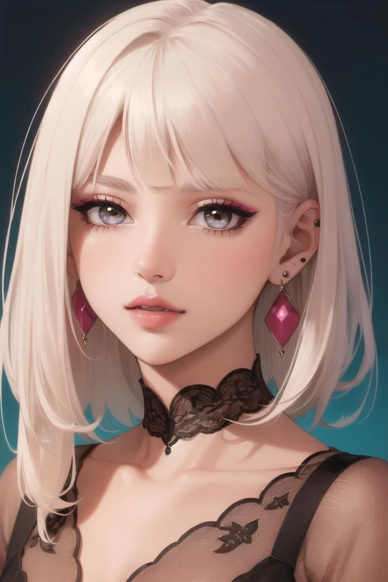 beautiful girl, brown_eyes, ((beautiful slim age girl 18 year old, hair color [Platinum blonde hair], [micro bangs] hair)), earrings, lips, realistic, narrow waist, charming, pink lipstick, colorful makeup, long eyelashes, earrings, wearing eyeliner, fair skin, (cute), (detailed face), detailed eyes, detailed iris