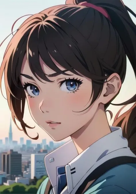 anime fine details portrait of school girl in front of modern tokyo city landscape on the background deep bokeh, close-up view, anime masterpiece by Studio Ghibli, 8k, sharp high quality anime, artstation
