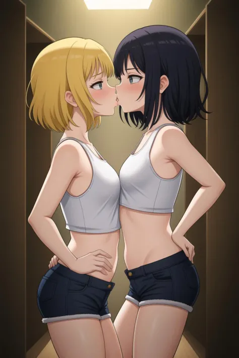 masterpiece, best quality,kissing,2girls, frown,looking each other,from side,hand on hip, room,sleeveless, tank top, shorts,navel, closet, wooden room,