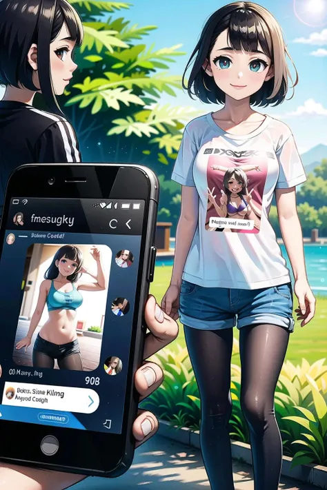 half body, bra,female, beautiful detailed eyes,(shorts, t-shirt,pantyhose), volumetric lighting, tonemapping, sharp focus, hyper detailed, highres, 2girls, close_up , standing ,leaning forward, medium breasts, (PhonePic),(sexting),viewer,(viewer_holding phone:1.3, phone screen),best quality, masterpiece, intricate details,