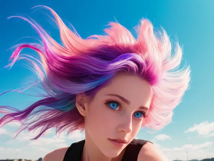 nubile girl,  translucent, beautiful detailed blue eyes, (smile:0.5), wild colorful open hair, abstract geometric background, iridescent, chromatic aberration, medium shot,glossy lips,anime,manga,
[(colorful explosion psychedelic paint colors:0.7)::10],
(translucent ), (windy), (dynamic), style, (colorful hair explosion),
shoulder-free, (colorful),
[(modest)::15],sideboob,downblouse,laying on her back ,
(protruding nipples:1.2), shoulder, (((soft focus))),
80's anime