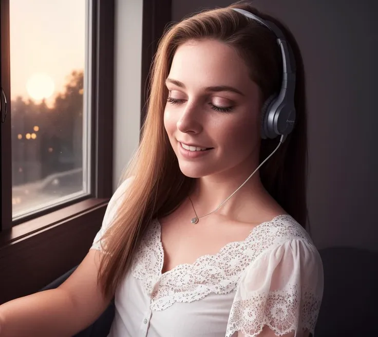 analog photograph, 4k, 
(freckles:0.7),very long hair,
navel, happy look,detailed face and eyes,
 leaning towards viewer,seductive pose,down blouse, 
 sleepy with headphones, at a computer in her bedroom , falling asleep while listening to music,
downblouse, lace  thin shirt,  dark hair in a ponytail over shoulder,
falling asleep,  instagram, spilled coffee,
nighttime window, streetlights outside, telescope, moon shining,
sweaty summer night,open window, flying dust particles,  (chubby:0.5),
(protruding nipples1.1), shoulder-free,happy,Wireless,, small
e-girls, fingernails, (realistic photo),(photorealistic), (masterpiece), high res, highest quality,  chromatic lighting, realistic lighting,