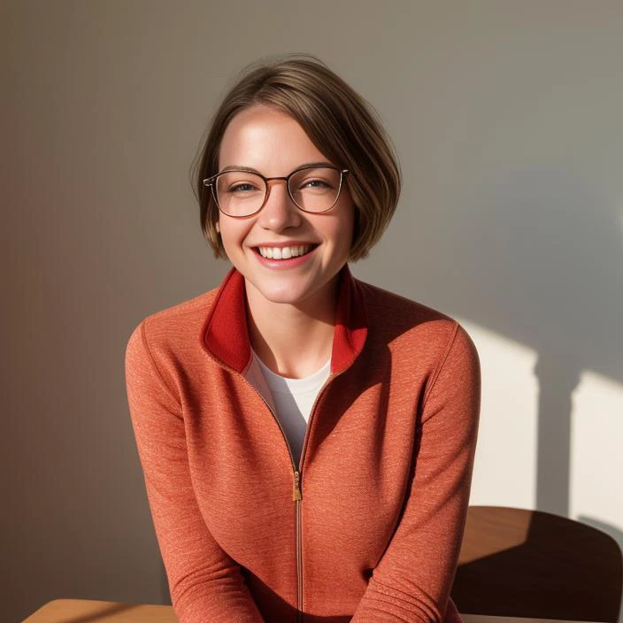 beautiful face, smiling winking,
sun and shadow, light,simple background, (freckles:0.6), skin texture, realistic photo, masterpiece, high res, highest quality, realistic chromatic lighting, realistic lighting,, girl with short hair sitting on her desk wearing glasses resting her head on her elbow wearing a red open sweatjacket and two shirts over each other 
dreaming high resolution specular shiny