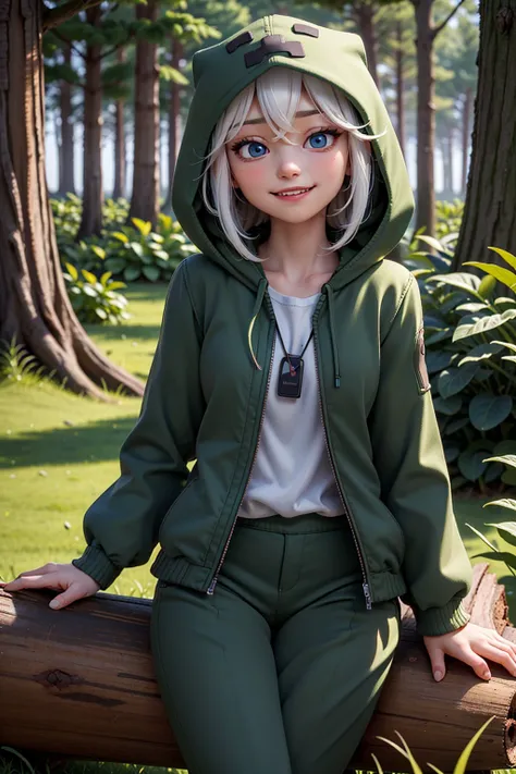 (high quality, best quality, masterpiece, grainy:1.2), <lora:CreeperCloth:0.9>, girl wearing hood cape,white hair, blue eyes, half closed eyes, tilted head, slight grin, detailed face, sitting on log, jacket, forest, capri pants,