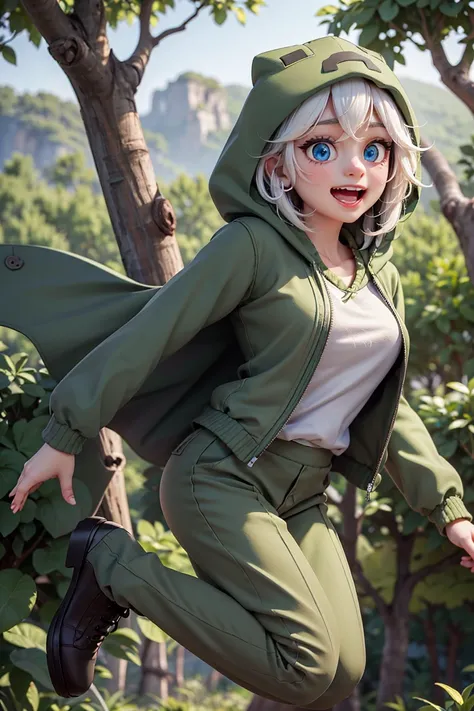 (high quality, best quality, masterpiece, grainy:1.2), <lora:CreeperCloth:0.9>, girl wearing hood cape,white hair, blue eyes, detailed face, jumping down from tree, excited expression, jacket, forest, capri pants,