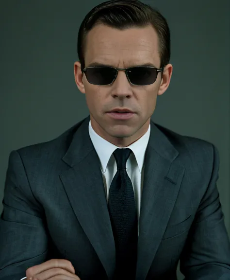 4k, ((best quality)), high details, masterpiece, (photorealistic:1.5), realistic, best quality, beautiful lighting, professional lighting, film grain, 1boy, male focus, necktie, sunglasses, solo, formal, grey suit, realistic, black necktie, black hair, shirt, collared shirt, black shirt, dark blue eyes, meme, <lora:the_matrix_offset:1>