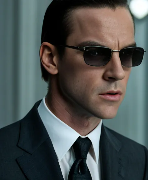 4k, ((best quality)), high details, masterpiece, (photorealistic:1.5), realistic, best quality, beautiful lighting, professional lighting, film grain, 1boy, male focus, necktie, sunglasses, solo, formal, grey suit, realistic, black necktie, black hair, shirt, collared shirt, black shirt, dark blue eyes, meme, <lora:the_matrix_offset:1>