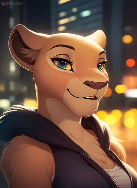 nala, furry female anthro, lion girl, portrait, close-up,  (hoodie:1.2),  fur trim, solo, (body fur:1.2), (best quality), (detailed urban background:1.2), dramatic lighting, (detailed fluffy fur:1.1), looking at viewer,   medium breasts, white undershirt, <lora:nala-v1:1>