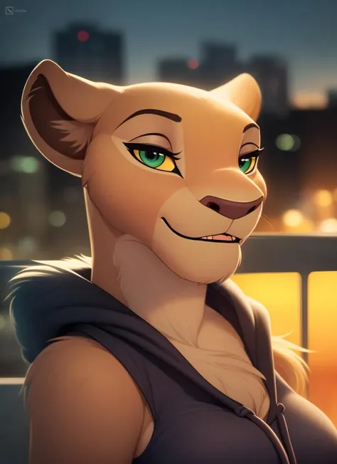 nala, furry female anthro, lion girl, portrait, close-up,  (hoodie:1.2),  fur trim, solo, (body fur:1.2), (best quality), (detailed urban background:1.2), dramatic lighting, (detailed fluffy fur:1.1), looking at viewer,   medium breasts, white undershirt, green eyes, <lora:nala-v1:1>