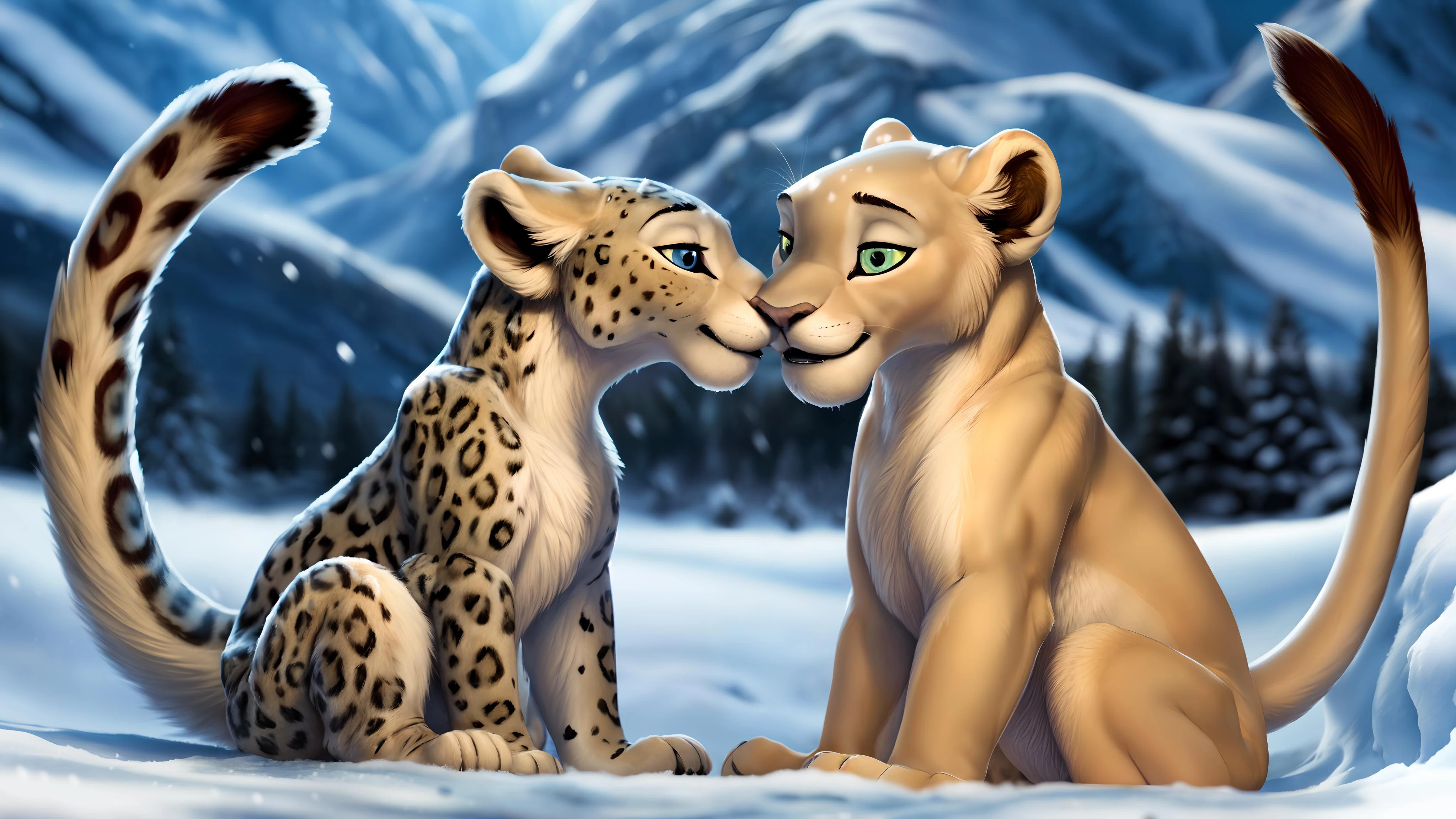 duo, (AS-YoungestV2:1.3),
nala, feral lioness, female, young, cub,
feral (snow leopard:1.1), young, cub,
sitting, kissing, kiss on lips, full-length portrait,
(furry detail:1.3), fur body, detailed fur, fluffy fur, (detailed eyes, detailed eyes:1.2),
detailed background, (cinematic lighting:1.1), (perfect focus:1.1), 8k hd, photo, wide angle, bokeh, subsurface scattering, depth of field, bright colors,
snow, snowy mountains,
<lora:nala-v1:0.8> <lora:more_details:0.5>