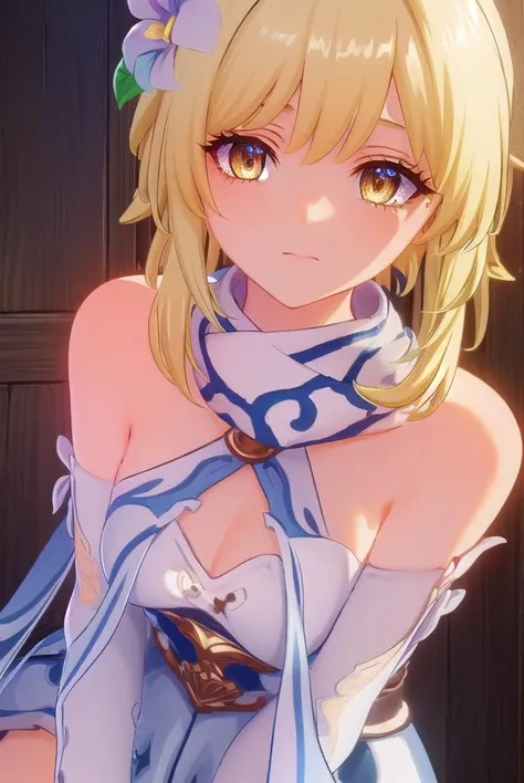genshinlumine, <lora:genshin lumine ingame-lora-nochekaiser:1>,
lumine, bangs, blonde hair, hair ornament, hair between eyes, (yellow eyes:1.3), flower, hair flower, feather hair ornament,
BREAK dress, bare shoulders, detached sleeves, scarf, white dress, white footwear, cleavage, detached collar,
BREAK outdoors,
BREAK looking at viewer, (cowboy shot:1.5),
BREAK <lyco:GoodHands-beta2:1>, (masterpiece:1.2), best quality, high resolution, unity 8k wallpaper, (illustration:0.8), (beautiful detailed eyes:1.6), extremely detailed face, perfect lighting, extremely detailed CG, (perfect hands, perfect anatomy),