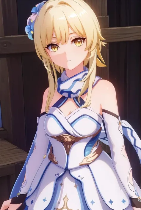 genshinlumine, <lora:genshin lumine ingame-lora-nochekaiser:1>,
lumine, bangs, blonde hair, hair ornament, hair between eyes, (yellow eyes:1.3), flower, hair flower, feather hair ornament,
BREAK dress, bare shoulders, detached sleeves, scarf, white dress, white footwear, cleavage, detached collar,
BREAK outdoors,
BREAK looking at viewer, (cowboy shot:1.5),
BREAK <lyco:GoodHands-beta2:1>, (masterpiece:1.2), best quality, high resolution, unity 8k wallpaper, (illustration:0.8), (beautiful detailed eyes:1.6), extremely detailed face, perfect lighting, extremely detailed CG, (perfect hands, perfect anatomy),