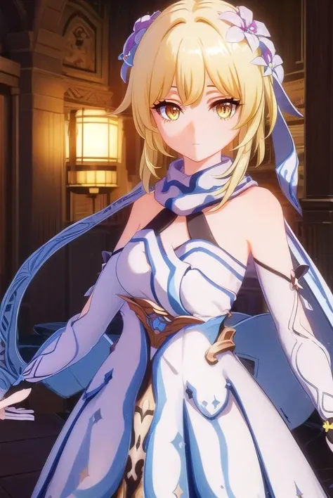 genshinlumine, <lora:genshin lumine ingame-lora-nochekaiser:1>,
lumine, bangs, blonde hair, hair ornament, hair between eyes, (yellow eyes:1.3), flower, hair flower, feather hair ornament,
BREAK dress, bare shoulders, detached sleeves, scarf, white dress, white footwear, cleavage, detached collar,
BREAK outdoors,
BREAK looking at viewer, (cowboy shot:1.5),
BREAK <lyco:GoodHands-beta2:1>, (masterpiece:1.2), best quality, high resolution, unity 8k wallpaper, (illustration:0.8), (beautiful detailed eyes:1.6), extremely detailed face, perfect lighting, extremely detailed CG, (perfect hands, perfect anatomy),