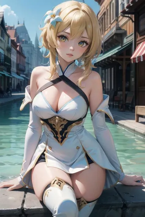 1girl (kate mara), st. louis (azur lane), standing, upper body, dress, silver dress, (revealing clothes:1.3), scenery,, anirl, best quality, ultra high res,