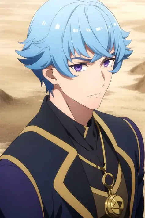 masterpiece, best quality, , 1boy, solo, male focus, looking at viewer, upper body, depth of field, anime coloring, realistic, <lora:bos_brunnen:0.66>, bos_brunnen, blue hair, purple eyes