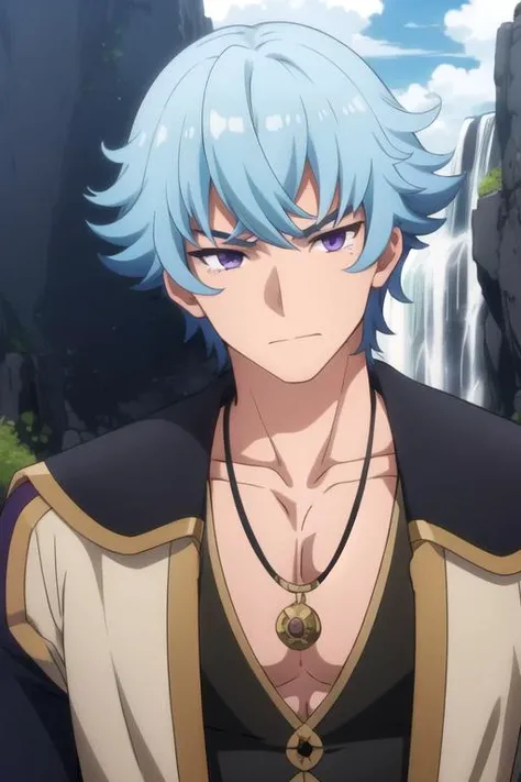 masterpiece, best quality, wallpaper, 1boy, solo, male focus, looking at viewer, , depth of field, anime coloring, , <lora:bos_brunnen:0.68>, bos_brunnen, blue hair, purple eyes, indian costume, waterfall,