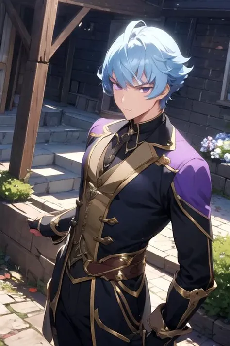 masterpiece, best quality, game cg, 1boy, solo, male focus, looking at viewer, , , anime coloring, , <lora:bos_brunnen:0.66>, bos_brunnen, blue hair, purple eyes, butler costume, Oz: A land of enchantment, where anything is possible,